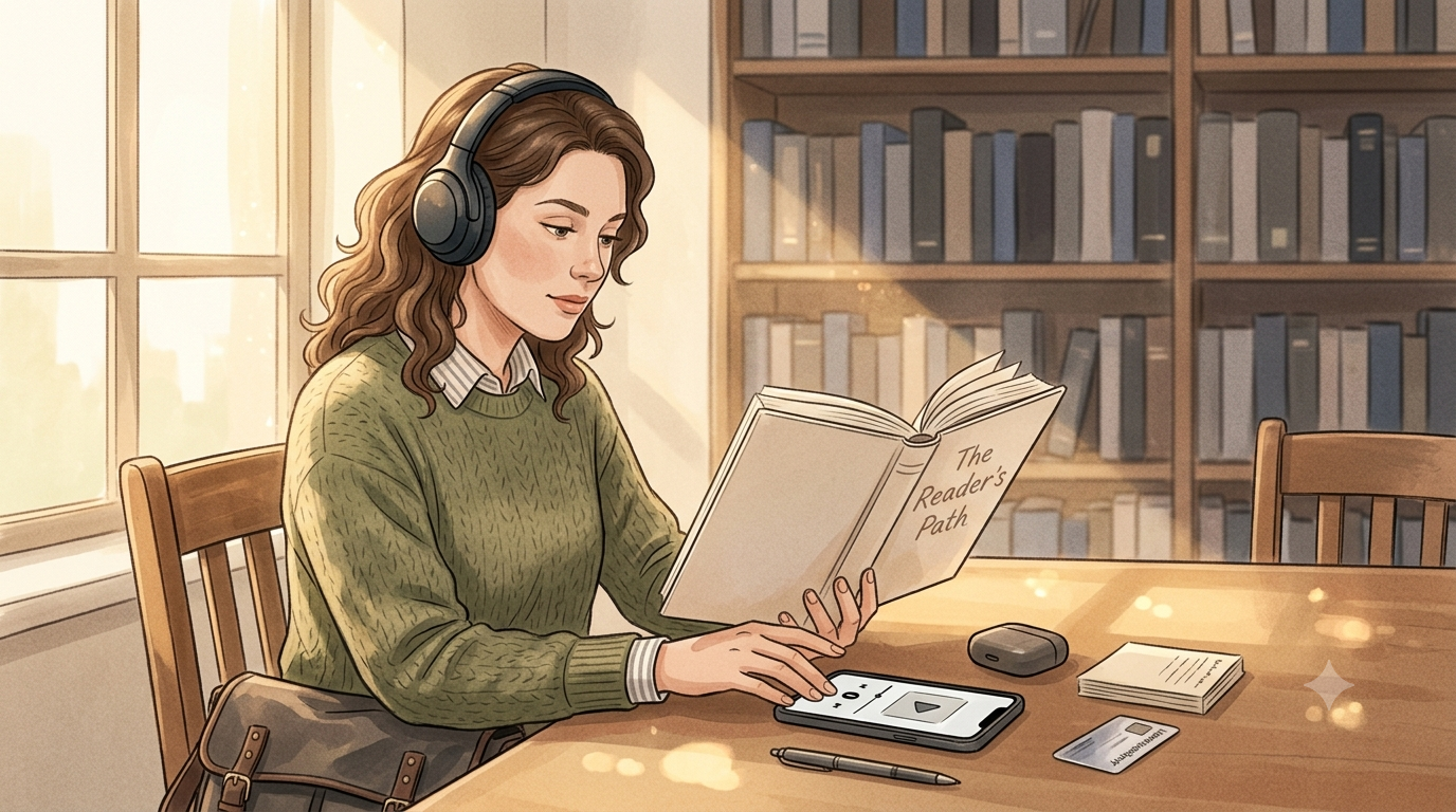 Reading print books and listening to audiobooks in a warm library setting
