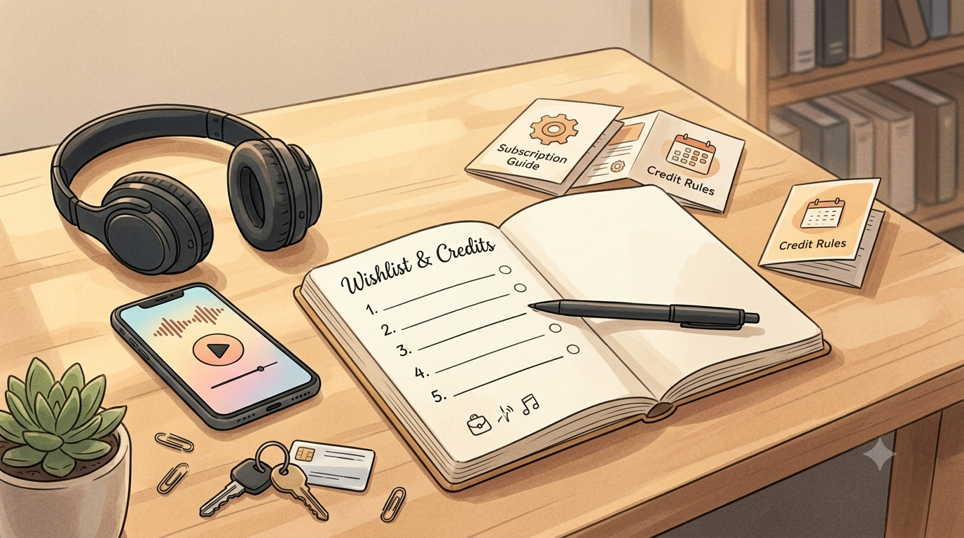Desk setup with headphones, phone and an audiobook wishlist and subscription notes