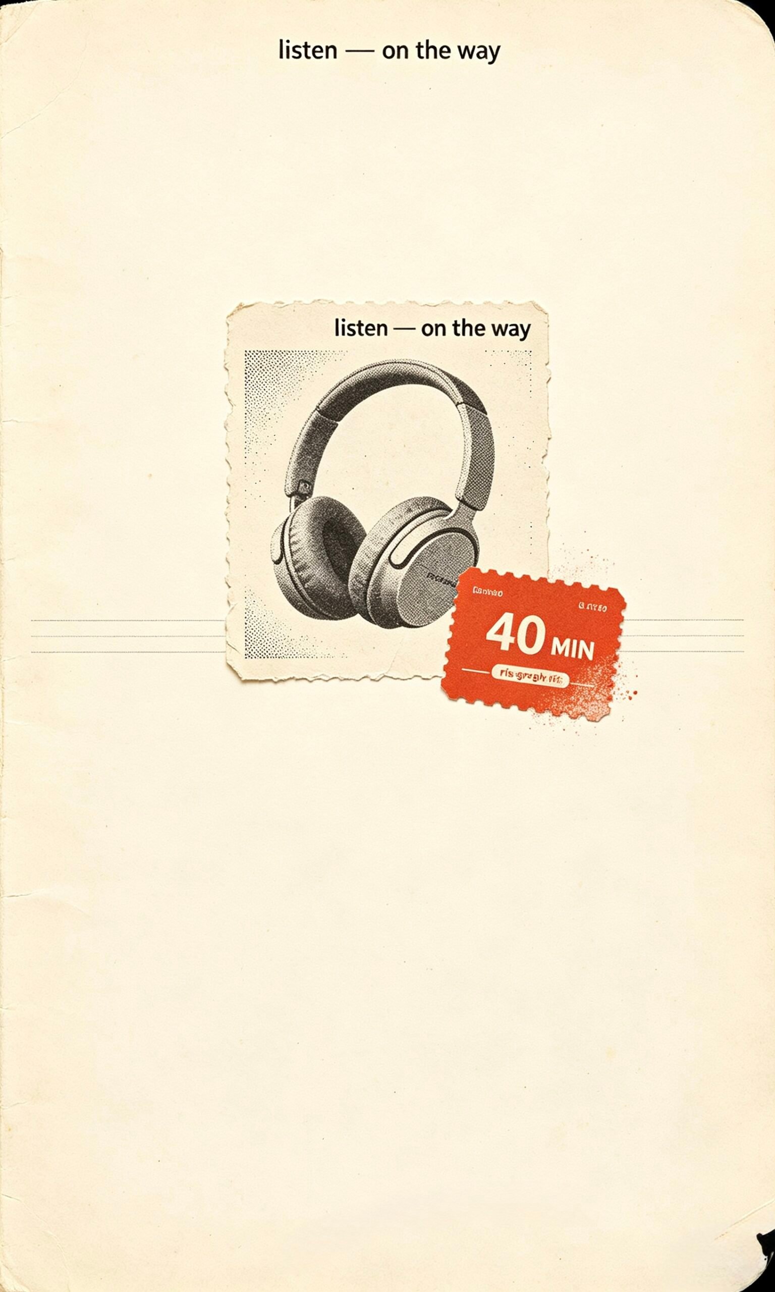 A minimal zine-poster print of a tomato-red transit ticket beside a faded headphone cup — listening on the 40-minute commute.