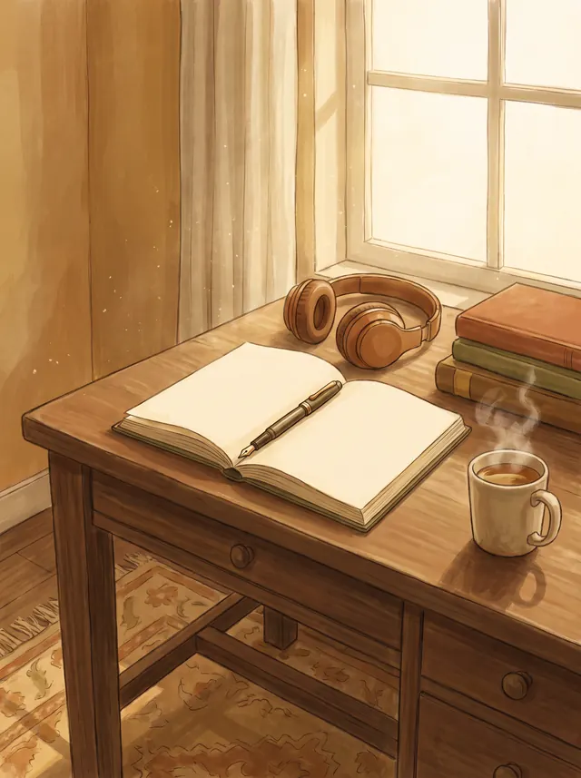 A cozy writing desk with an open journal, headphones, and a cup of tea