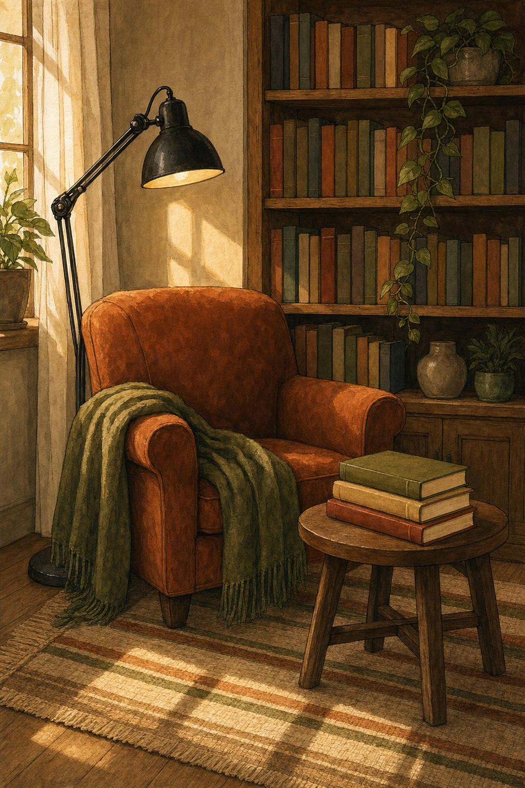 An editorial illustration of a cozy reading corner with an armchair, floor lamp, and bookshelf
