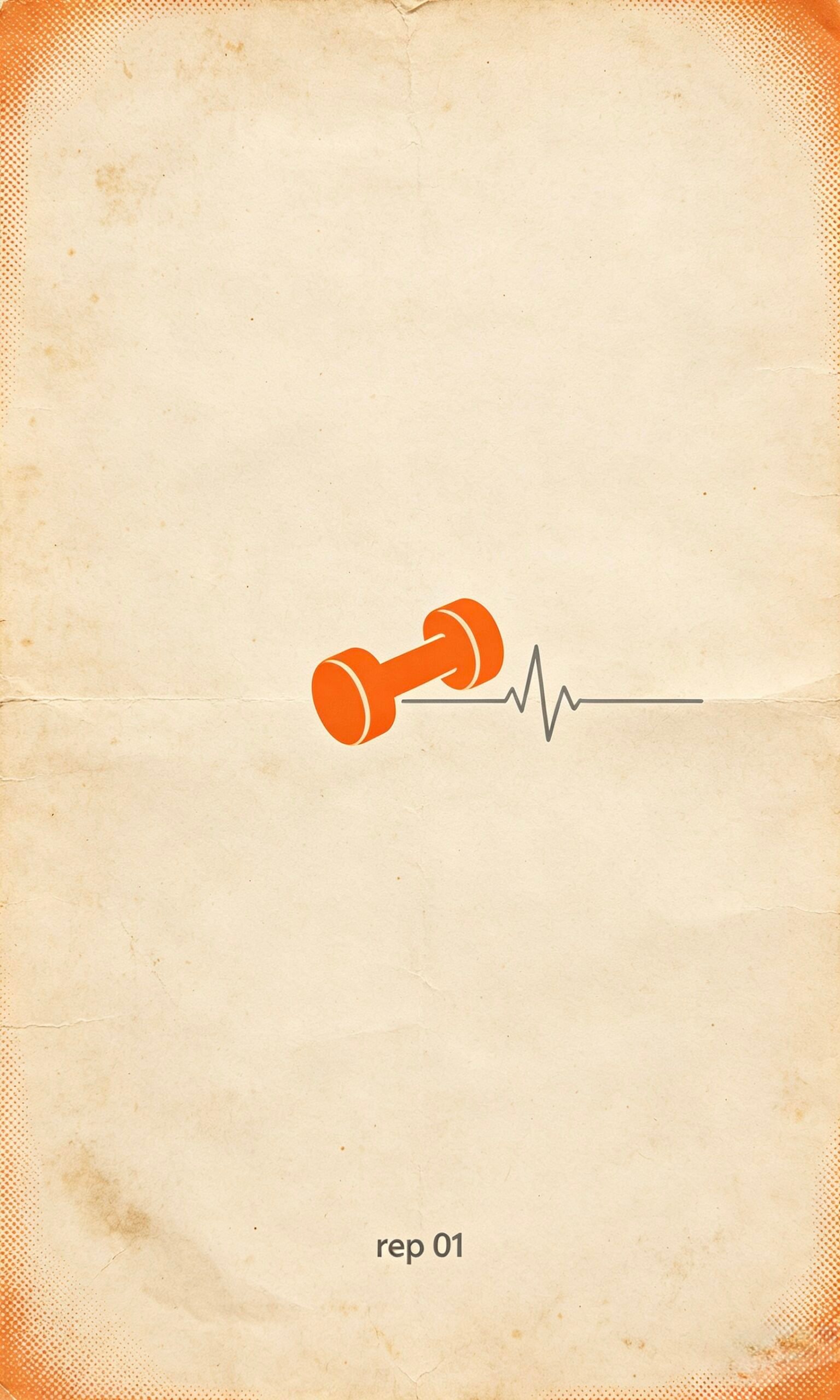 A flat orange dumbbell silhouette with a faint pulse line — listening while working out at the gym.