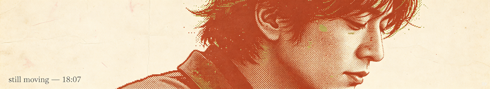 A stylish side-profile of a commuter listening, translated into a fine dot-matrix bitmap print in warm terracotta and olive ink.