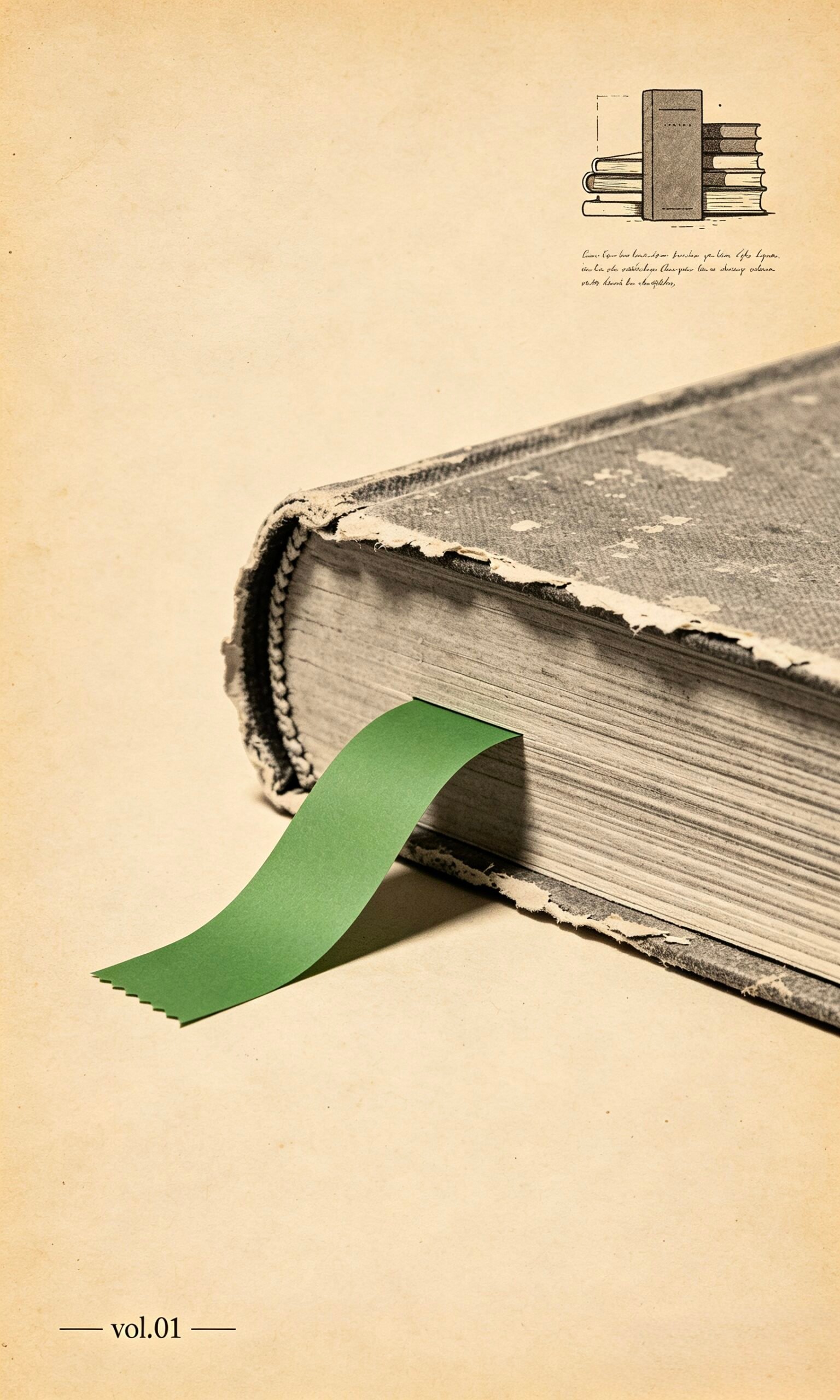 A torn-paper clipping of a hardcover spine with a pear-green bookmark ribbon — print and audio in a warm library.