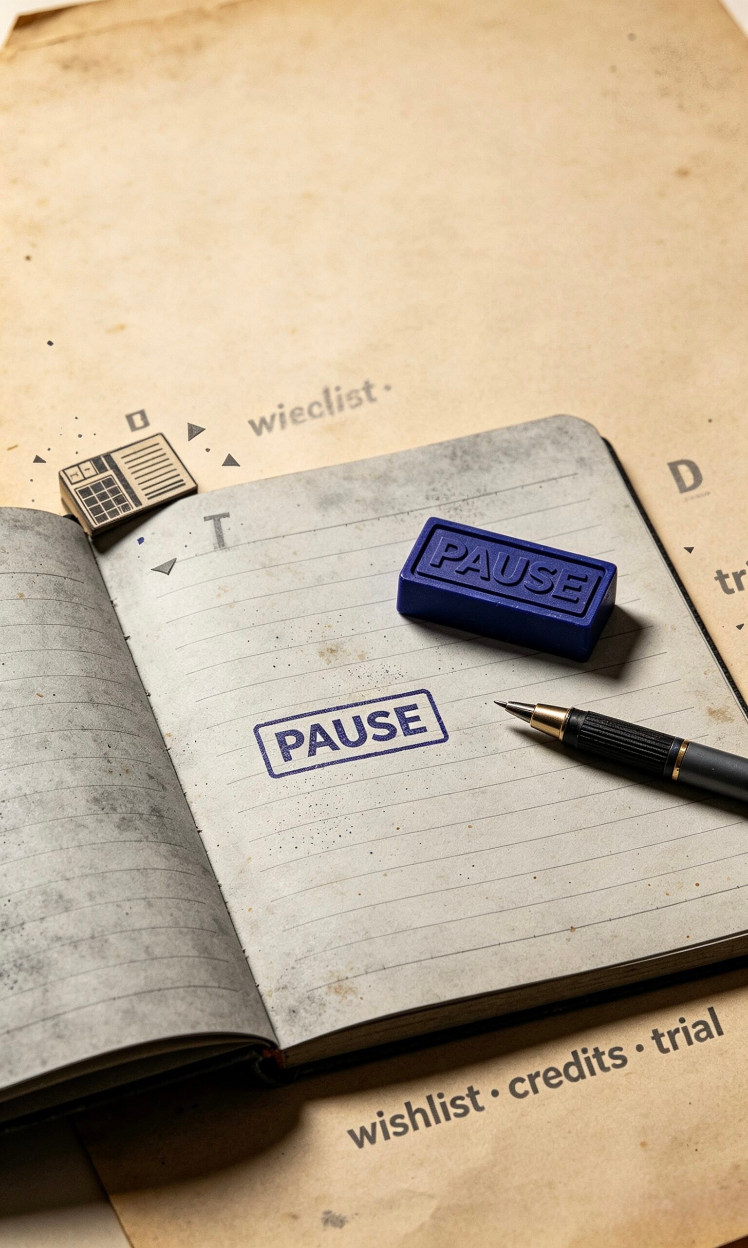 A cobalt-blue PAUSE ink stamp on a faded notepad — wishlist, credits, and subscription notes at a quiet desk.