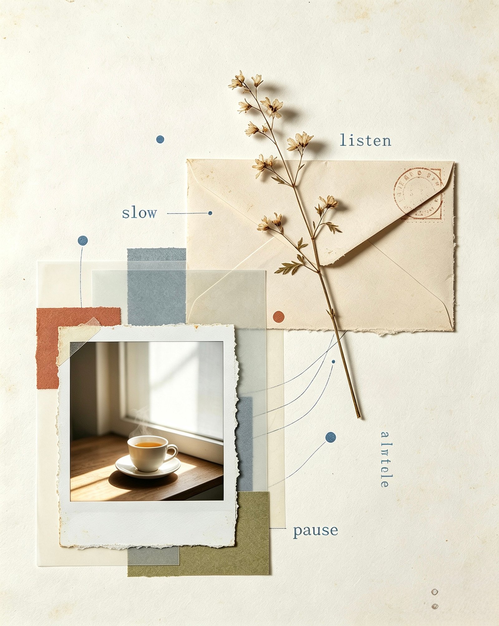 A quiet scrapbook still life on aged cream paper — a pressed dried flower stem, an unopened folded envelope, a torn polaroid of soft window light on a teacup, translucent paper layers and faint typewriter fragments: slow, a while, pause.