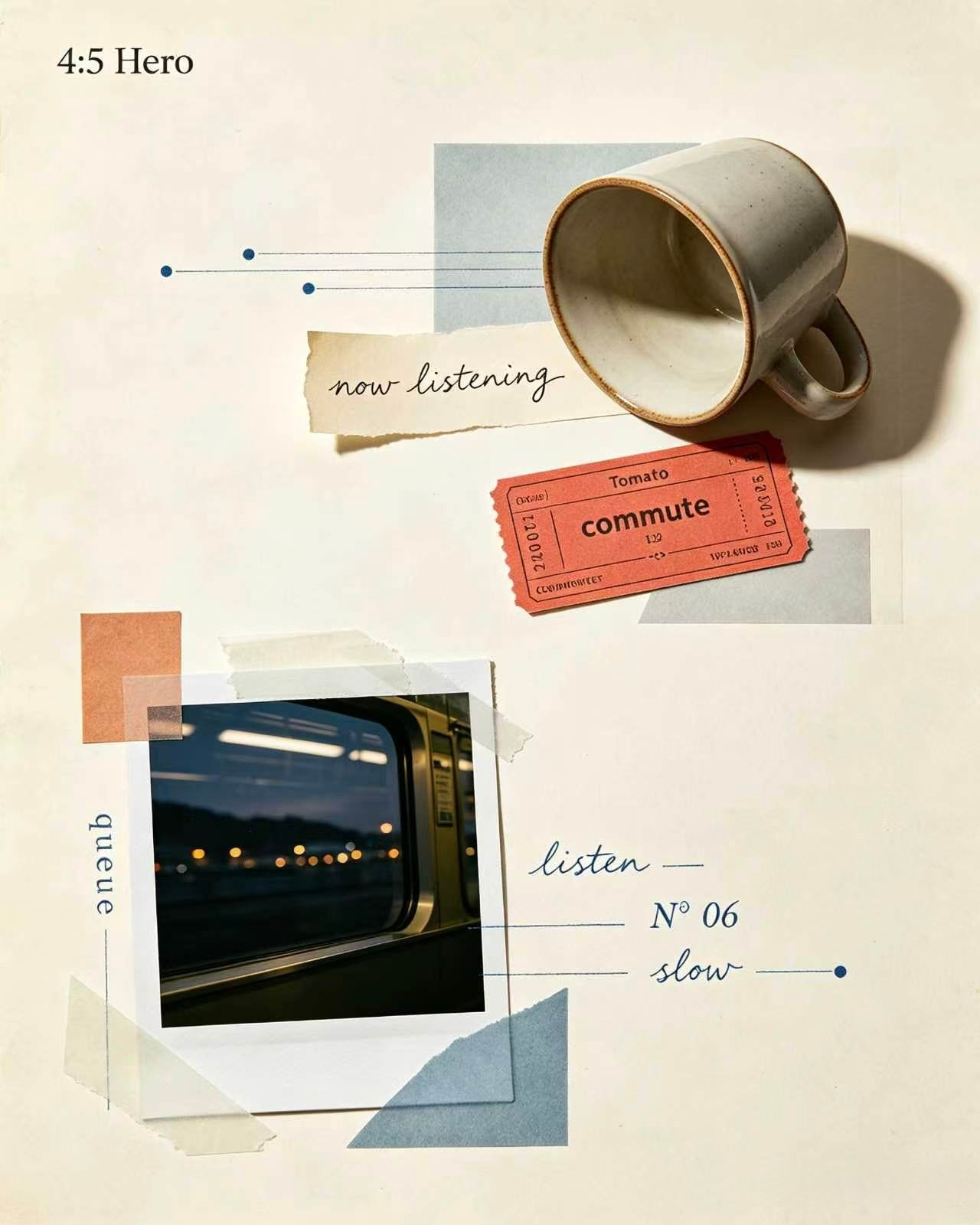 A scrapbook collage on aged cream paper — a single vintage headphone cup beside a tomato-red transit ticket, a torn polaroid of a blurred train window, translucent paper layers and faint typewriter notes: listen, commute, slow.