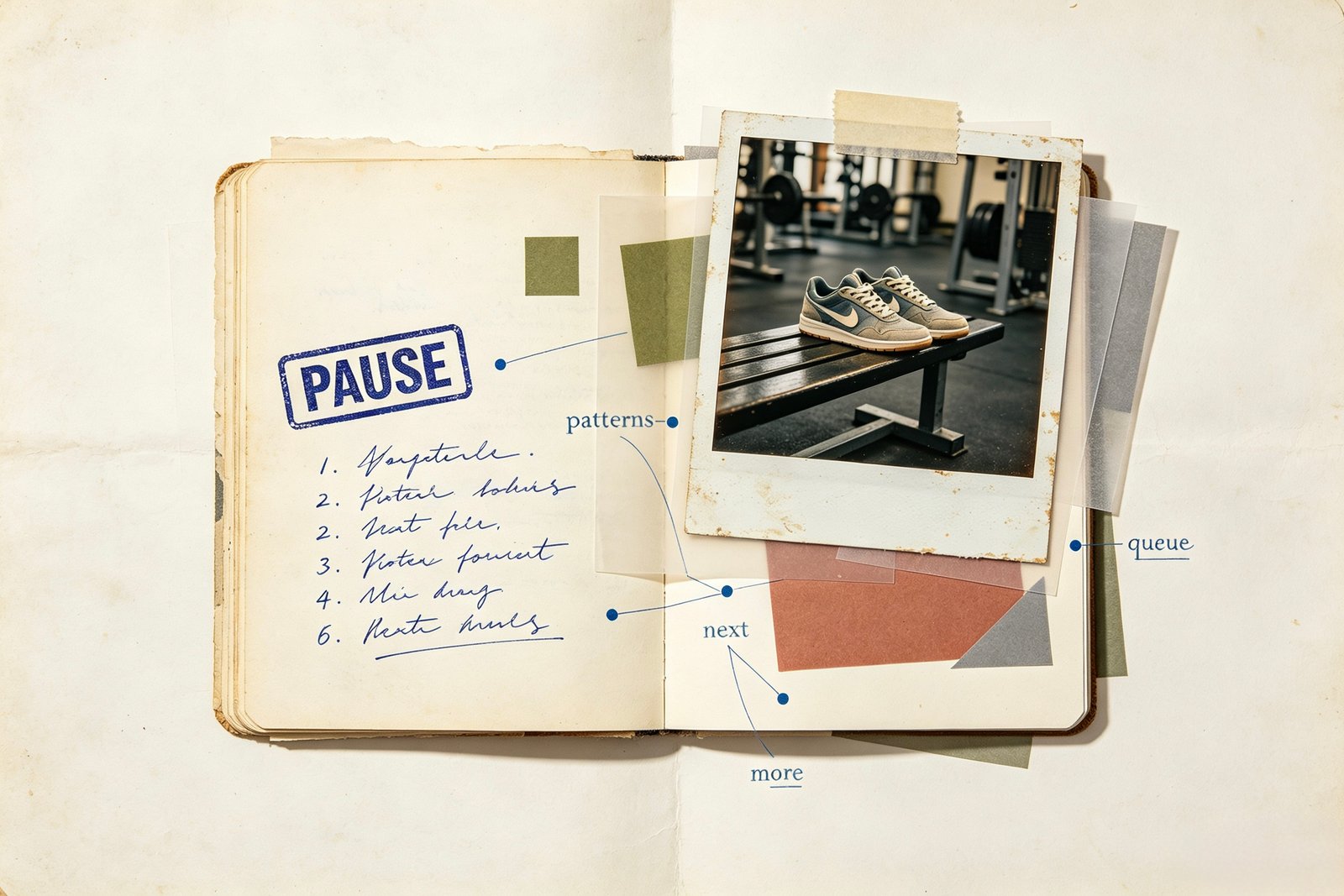 A scrapbook collage on aged cream paper — an open notebook stamped with a cobalt-blue PAUSE mark and a handwritten listening queue, a torn polaroid of gym shoes, translucent paper layers and faint typewriter notes: patterns, next, more.